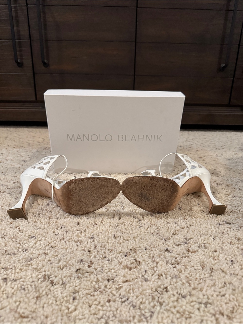 Manolo Blahnik White Cutout Leather Mid-Heels with Ankle Strap - Picture 3 of 4